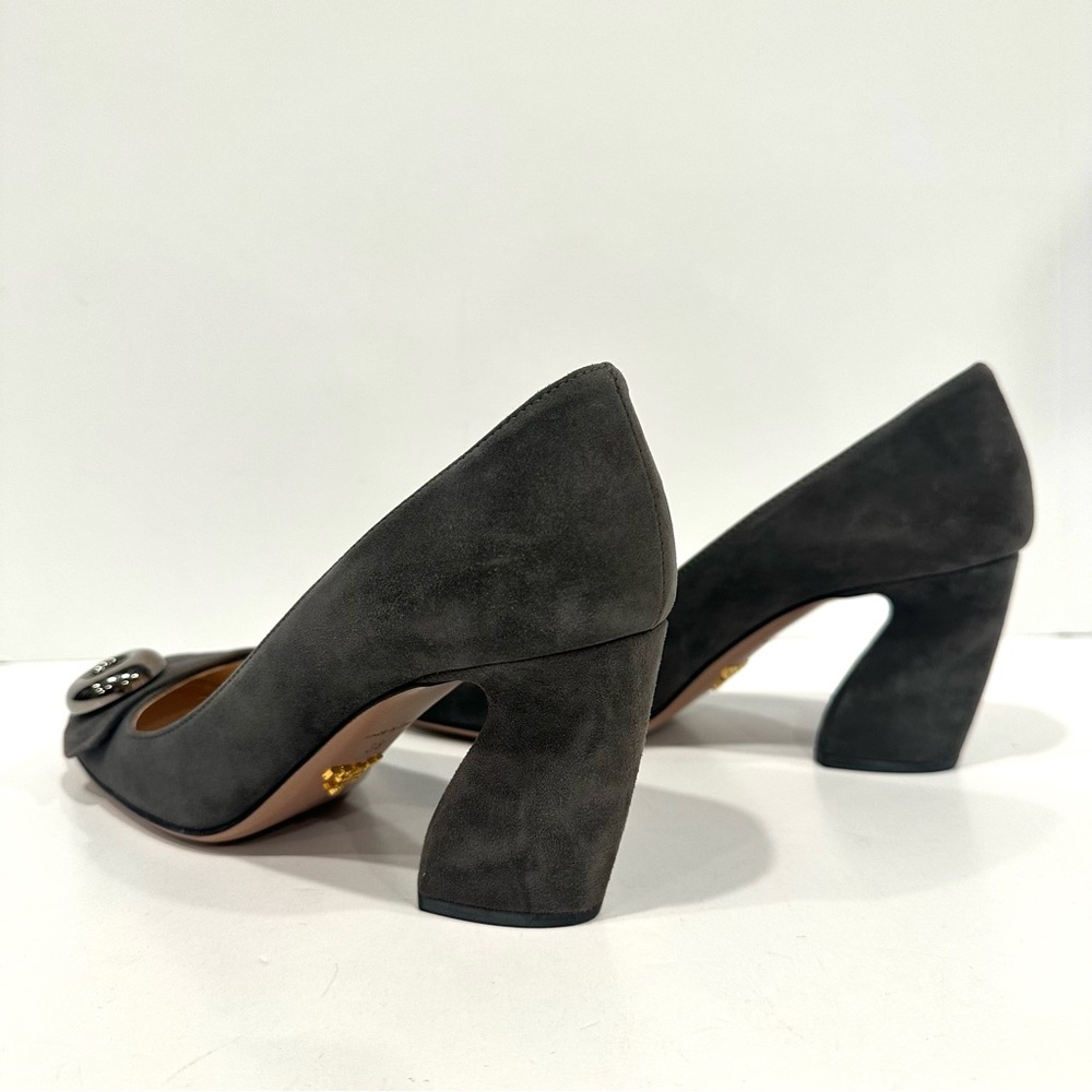 Prada Grey Suede Leather Round Square Closed Curved Block Heel Pumps EU 38 US 8 - Picture 8 of 13